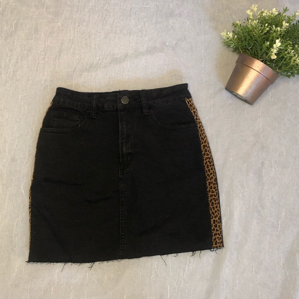 Dark Grey Denim Skirt With Leopard Detailing